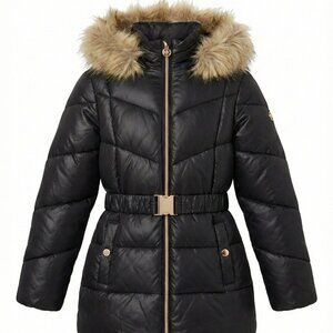 Michael Kors Girls Black Puffer Coat Size 11/12 Faux Fur Hood Fleece Lined